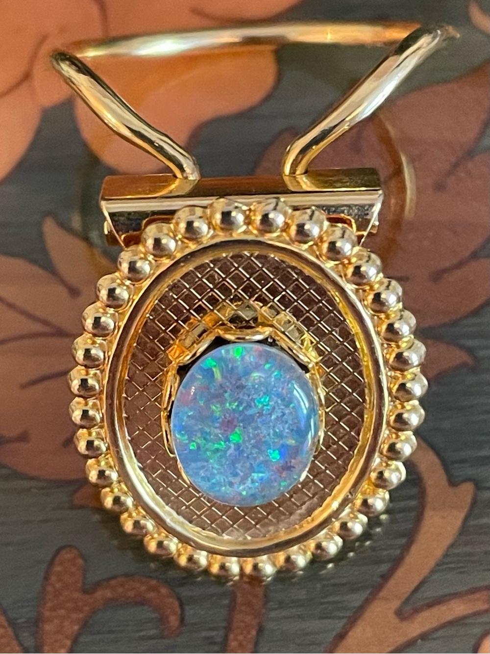 Vintage Gold Tone Oval Filigree Scarf Clip with Triplet Colorful Opal Center